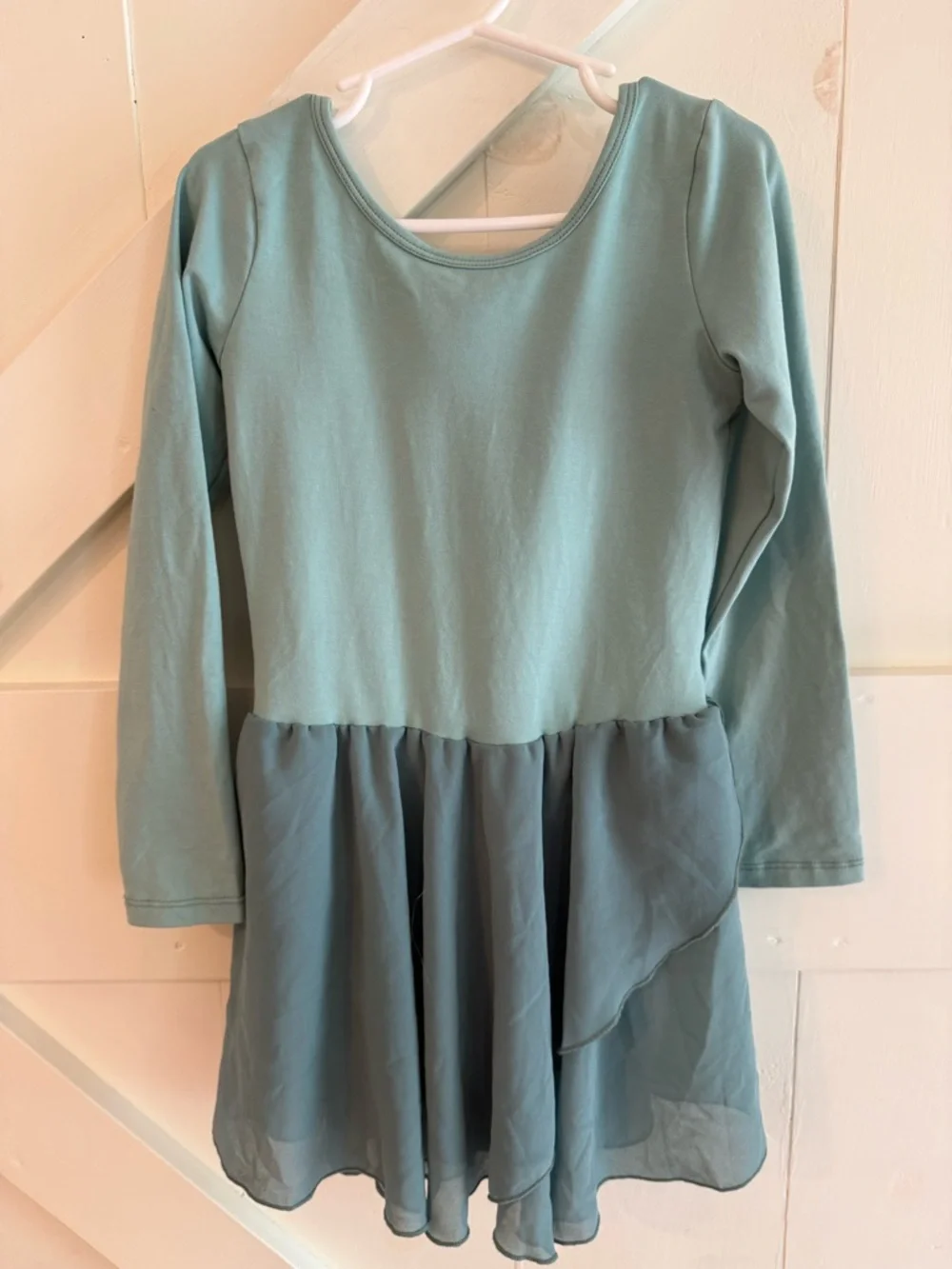 Girls Size 140 Mint Green Long Sleeve Lyrical Dance Leotard Dress Chiffon Skirt